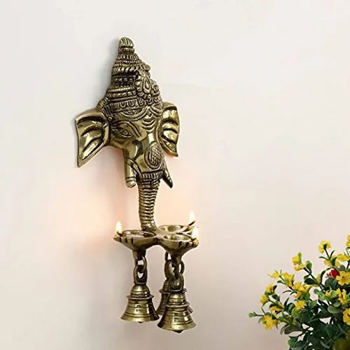 Wall Hanging Ganesh Deepak with Brass Bell - (10 X 7 X 25 cm, Brown), Free Ship