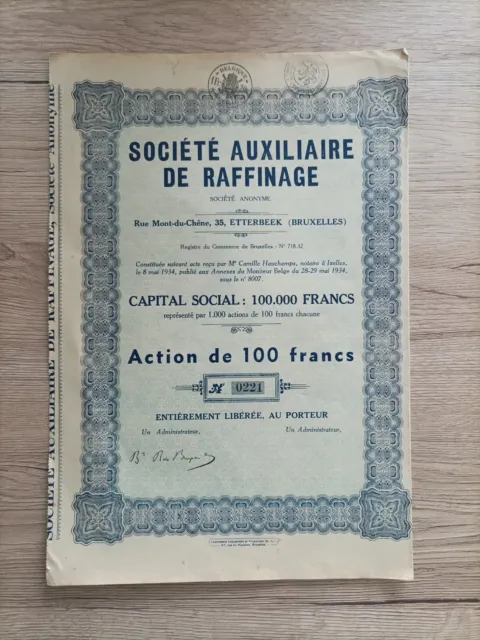 Ancien Titre, Action, Société Auxiliaire De Raffinage, Rare : 1000 actions !