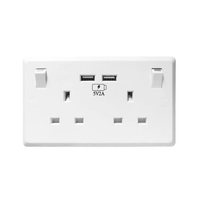 DOUBLE WALL PLUG Socket 2 Gang 13A with 2 USB Charger Port Outlets