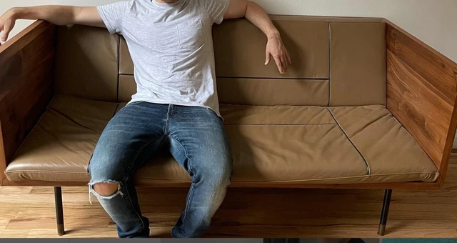 Mid century walnut and leather sofa box sofa - like West Elm, CB2