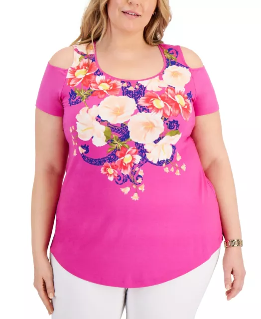 MSRP $43 Jm Collection Plus Size Floral Cold-Shoulder Top Pink Size 3X