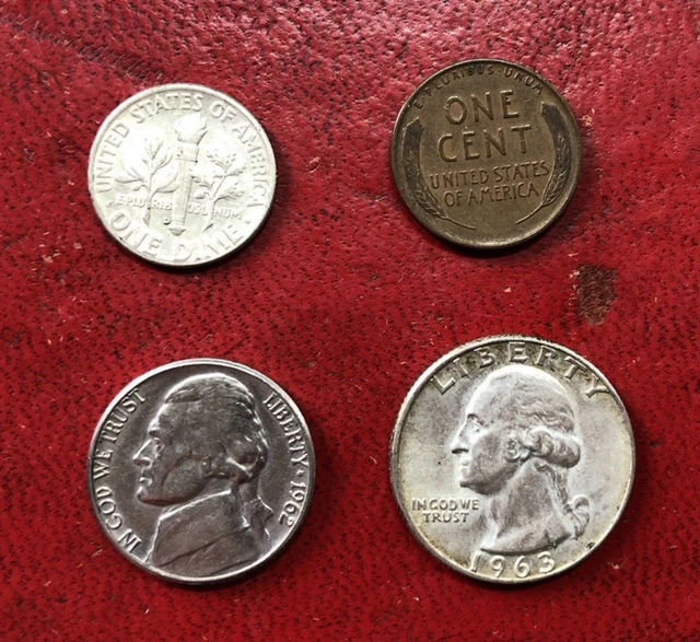 16.	USA Jefferson Nickel, quarter dollar, Roosevelt Dime & Lincoln Wheat Penny.