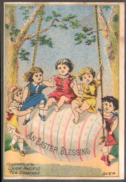 Union Pacific Tea Company NYC trade card 1880s 5 girls on Easter Egg swing