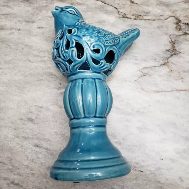Bird Figurine on Pedestal Ceramic Blue Gloss Crackle Finish Decorative
