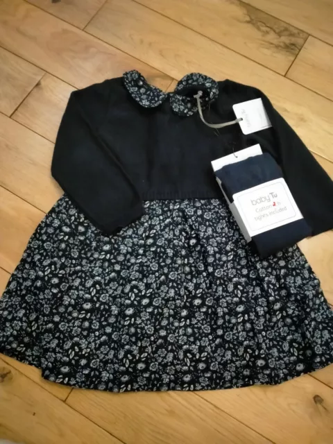 TU Baby Girls Navy Blue Ditsy Print Long Sleeved Dress & Tights Set 6-9 Months