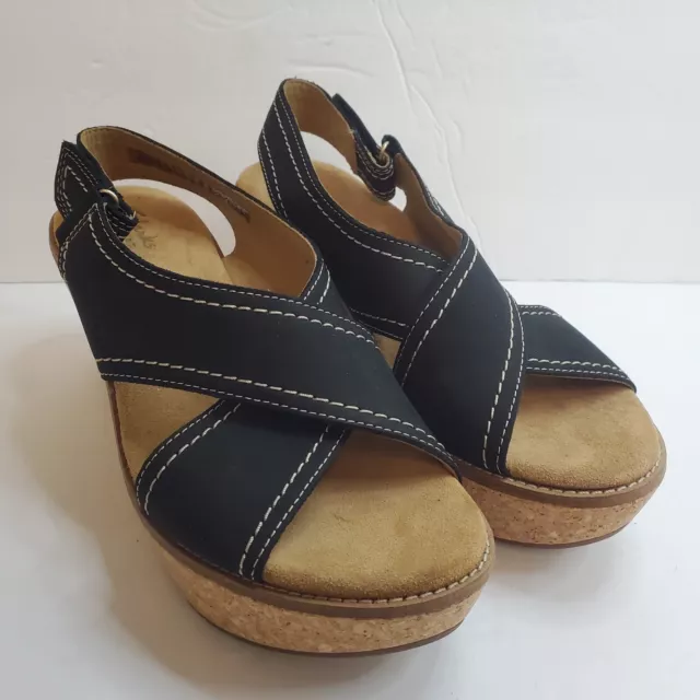 Clarks Womens Aisley Tulip Wedge Heeled Sandals Size 7.5 Black Leather Slingback