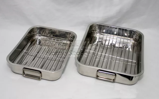 2Pc Stainless Steel Roasting Trays Oven Pan Dish Baking Roaster Tray Grill Rack