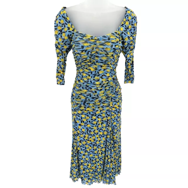 Diane Von Furstenberg DVF Dacey Dress Nectarine Lemon Blue XS Womens Ruched Mesh