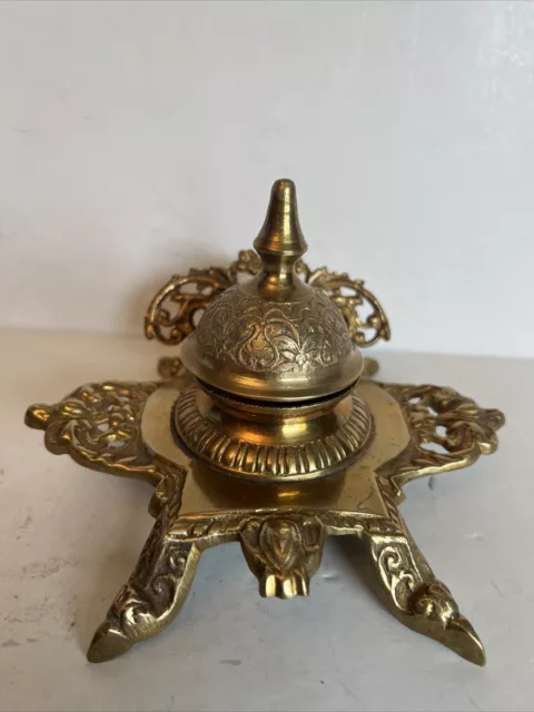 Vintage Solid Yellow Brass Ornate Baroque Victorian Style  Single Pot Inkwell