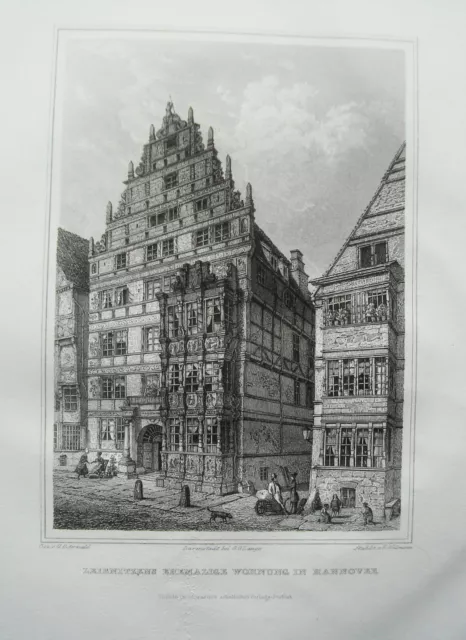 Hannover Niedersachsen Leibnitz Haus  echter alter Stahlstich 1842