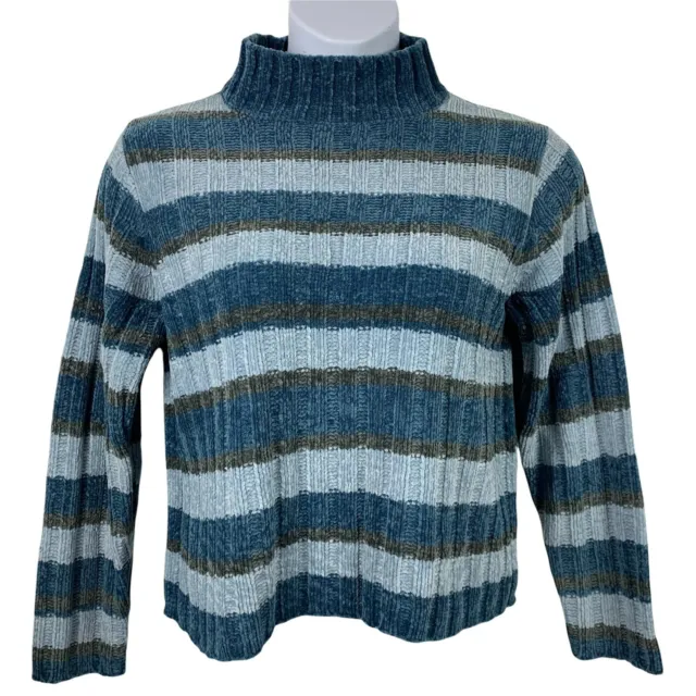 Vintage Sweater PS Chenille Reference Point Blue Striped Mock Neck Pullover