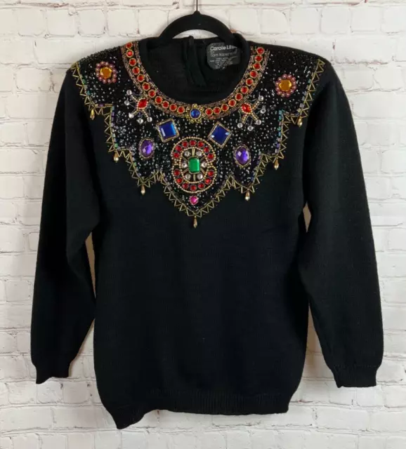 CAROLE LITTLE (Saint-Tropez West) wool beaded crystal sequins sweater pullover M