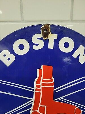 Vintage Boston Red Sox Porcelain Sign Baseball Sport Athletics Gas Motor Oil 9