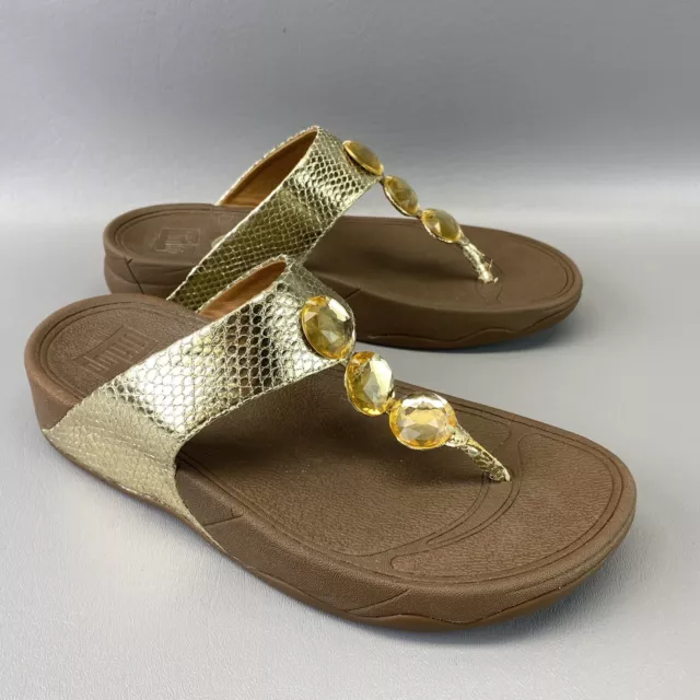 FitFlop Petra Women's 8M Jeweled Pale Gold Snakeskin Embossed Thong Sandal Shoes