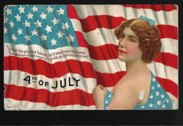 Early 1900's July 4th Postcard #7 A Lovely Young Lady In Front of US Flag Quote
