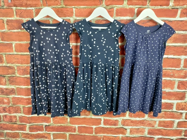 Girls Bundle Age 7-8 Years 100% H&M Navy T-Shirt Dress Set Summer Cotton 128Cm