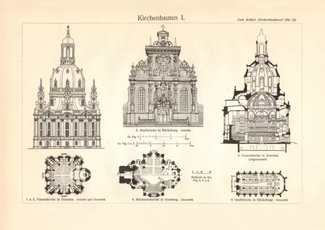 Kirchenbauten I. - II. historischer Druck Holzstich ca. 1912 Tafel Architektur