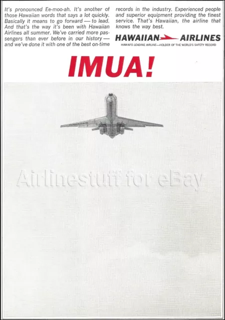 1968 HAWAIIAN Airlines ad IMUA! Douglas DC-9 advert WORLD'S SAFETY RECORD