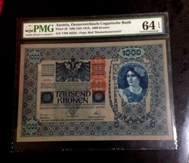 1902 Austria, Oesterreichisch-Ungarische Bank 1000 Kronen P-59 PMG 64 EPQ