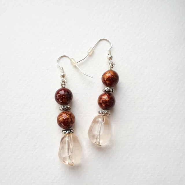 ORECCHINI Perline In Plastica Trasparente & Marroni BOHO Tono Argento Pendente Gancio a Goccia