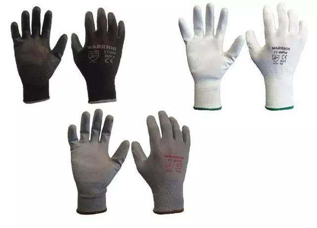 12 24 Pairs Warrior Grey Black White PU Grip Coated Safety Work Gloves Builders