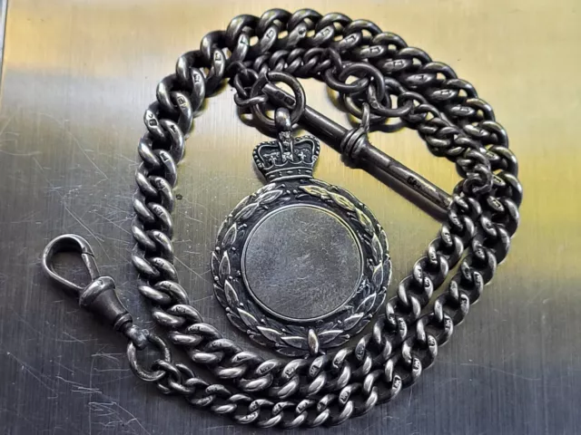 Heavy Sterling Silver Double Albert Pocket Watch Chain with Fob