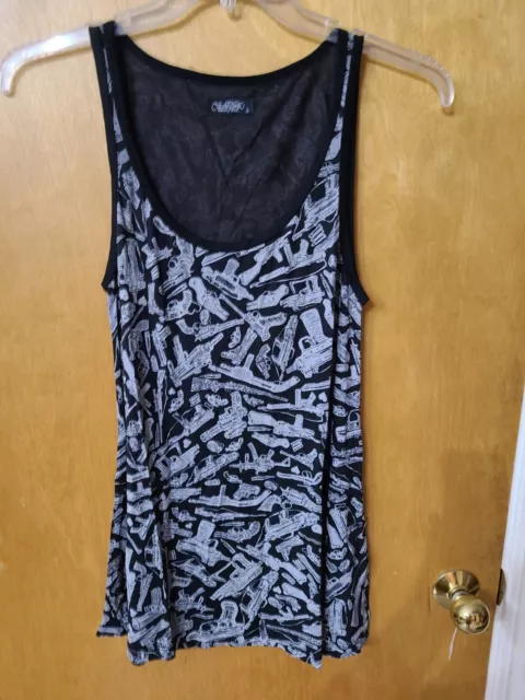 LAUREN MOSHI Black & Gray "Gun" Graphic Swing Tank, Large, 100% Micro Modal, NEW