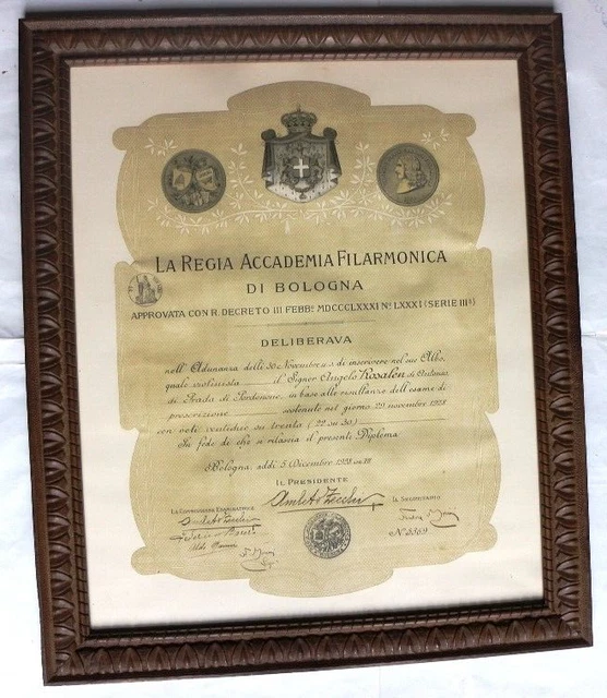 Diploma VIOLINISTA REGIA ACCADEMIA FILARMONICA di BOLOGNA- 1928 – con CORNICE