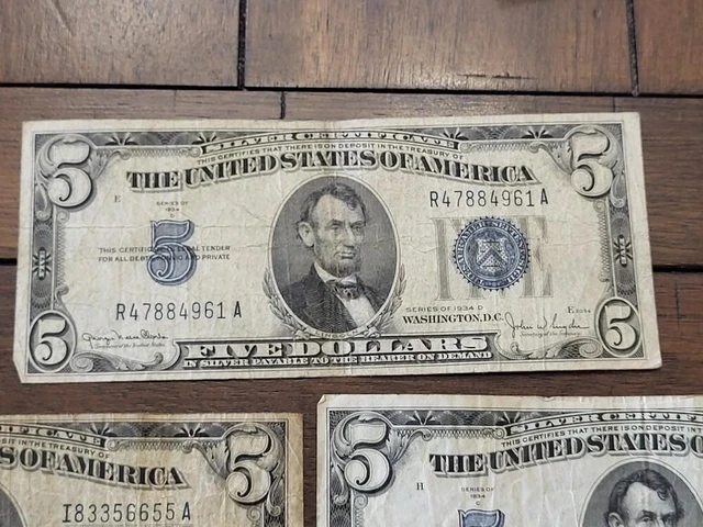 SET OF FIVE 1934 $5 Silver Certificates.  1934, A, B, C, D