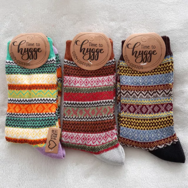 3 Paires Femmes Hygge Chaussettes Norvégiennes Coloré Beaucoup Coton Super Doux