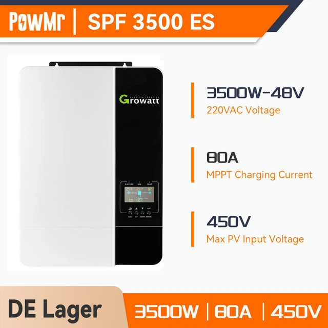 Inversor solar híbrido seno puro Growatt 3500W 48V + cargador MPPT 80A