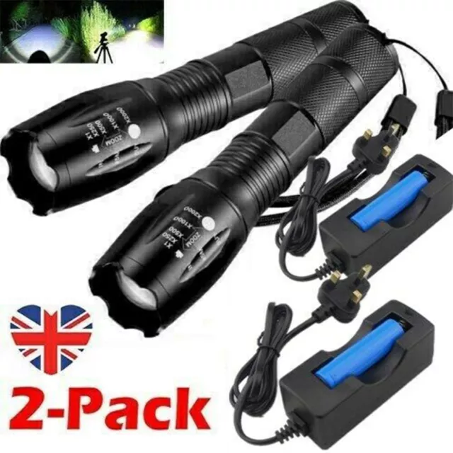 2x Super Bright 2500000LM High Power LED Tactical Torch Rechargeable Flashlight