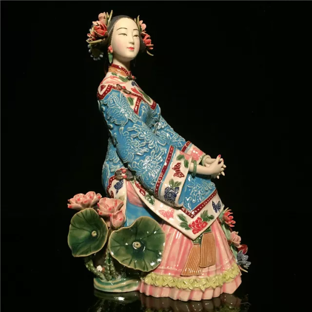 10"China Pottery Wucai Porcelain Belle Summer Beautiful Woman Originality Statue