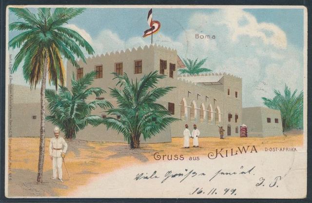 DOA Krone EF Litho-AK Gruss aus Kilwa 1899 nach Oberhausen Attest (S23632)