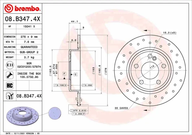 2x BREMBO Bremsscheibe 276mm passend für MERCEDES-BENZ A-Klasse (W176)