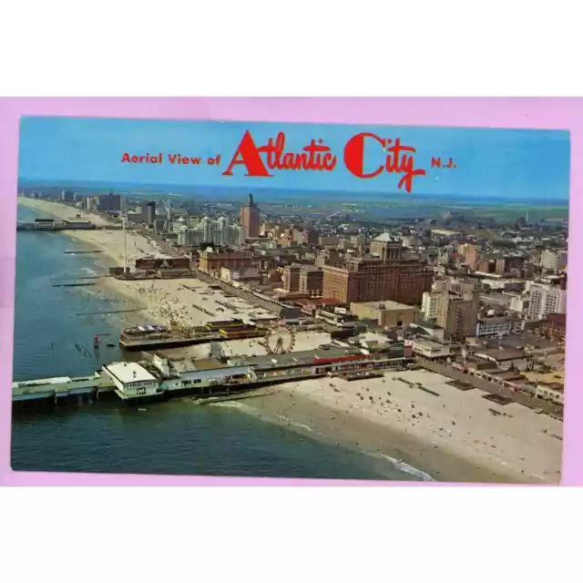 Postcard NJ Aerial View Of Atlantic City Boardwalk Hotels Ferris Wheel Beach