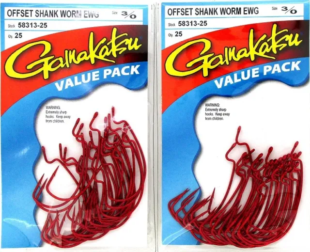 2) GAMAKATSU BULK Packs Hooks Offset Shank Worm EWG Red 3/0 58313-25 Brand  New $14.99 - PicClick
