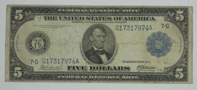 BARGAIN Series 1914 Large Size Blue Seal $5 Fed Res Note 7-G Chicago VG Fr#864