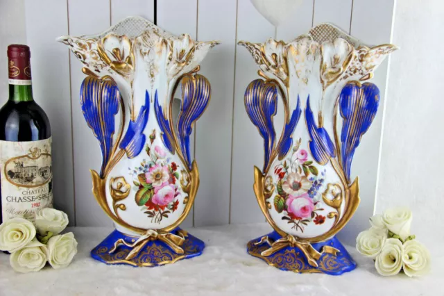 PAIR French antique 1900 Vieux paris top porcelain Vases hand paint floral decor