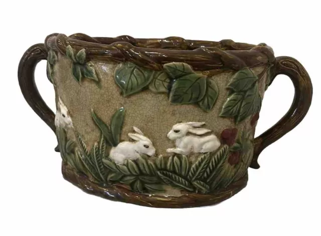 Mid-Century French Painted Majolica Cachepot with Rabbit and Leaf Motifs- RARE