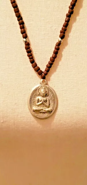 Collier perles en verre marron fait main étain pendentif Bouddha 2