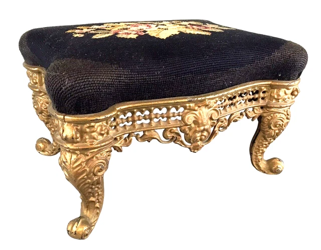 Original Antique Victorian Gold Gilt Cast Metal Claw Foot Needlepoint Foot Stool