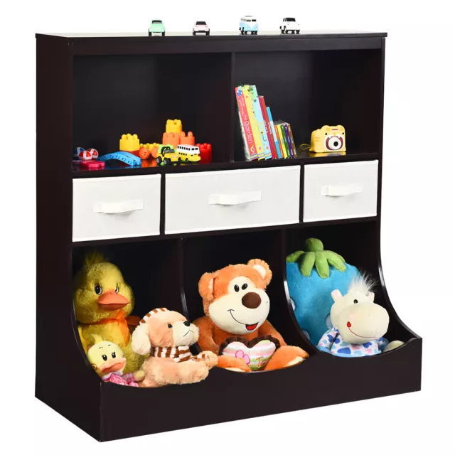 Wooden Toy Storage Cabinet Children 3-Tier Organizer Bookcase W/ 8 Open Cubes