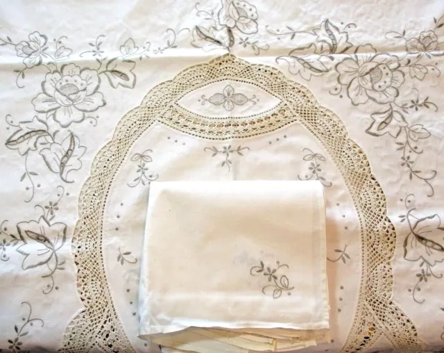 Vintage Tablecloth 12 Napkins Beige with Crochet Lace Cutwork 66x82