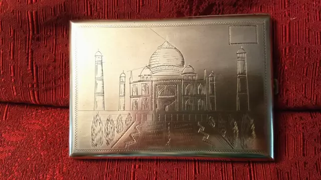 Antique  Silver Cigarette Case w Taj Mahal And Other Etching. 144 Grams