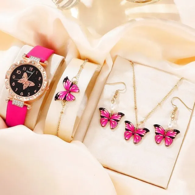 Conjunto 5 Unidades Reloj de Pulsera Lujo Mujer Juego Rosa Lazo Joyas Collar Bo