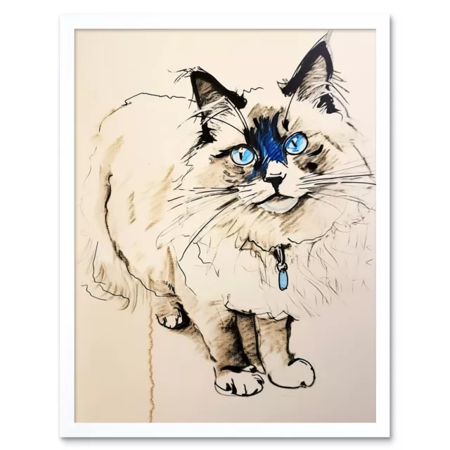 Blue Point Ragdoll Cat Sketch Drawing Portrait Framed Wall Art Print 12x16