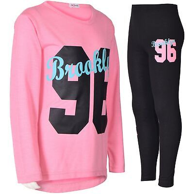 Kids Girls Long Sleeves Baby Pink Brooklyn Print T Shirt & Legging Outfit Set