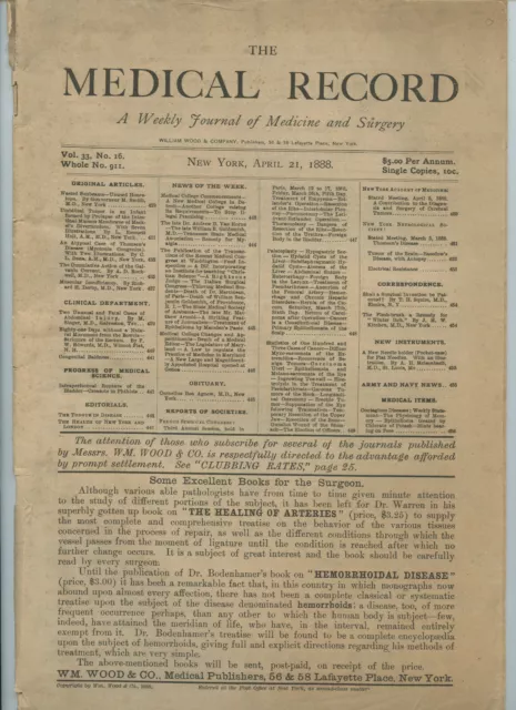 4/21 1888 New York Medical Record Journal Medicine Surgery Doctor Trade Magazine