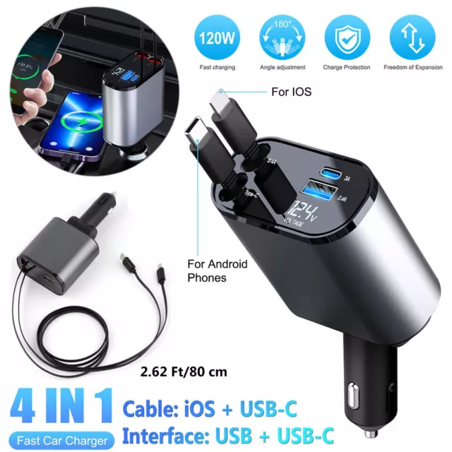 4 in 1 Retractable Car Charger Cable Dual Port USB C PD Fast Charging Adapter